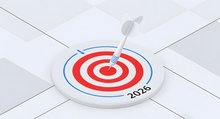 Focusing corporate objectives. Reaching business milestones. Accuracy precision strategic plan execution. Hitting desired targets 2026.の素材