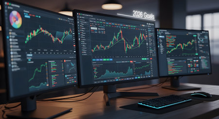 Stock market analysis displayed on three monitors. Professional trading desk setup for strategic financial planning and forecasting 2026 growth.の素材