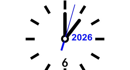 New year countdown midnight clock face approaching 2026. Time passing deadline concept future change beginning transition period.の素材