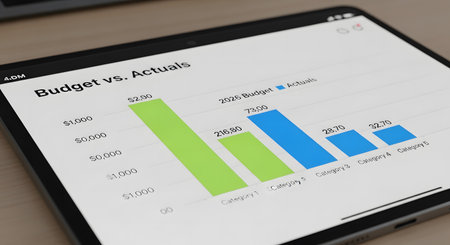 Bar chart showing financial comparison of 2026 budget goals versus actual performance on digital tablet screen. Business analysis report.の素材
