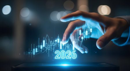 Hand touching digital finance chart representing exponential growth. Investment success and business performance forecasting for year 2026 strategy.の素材