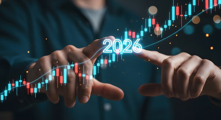 Businessman analyzing financial trading data future market chart 2026 forecast business investment strategy stock exchange visualization hands.の素材