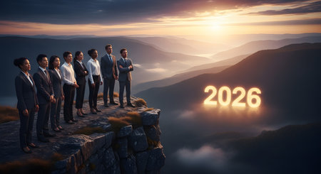 Professional business group stands cliff edge looking bright future. Corporate vision goal strategy planning. Teamwork new beginning 2026.の素材