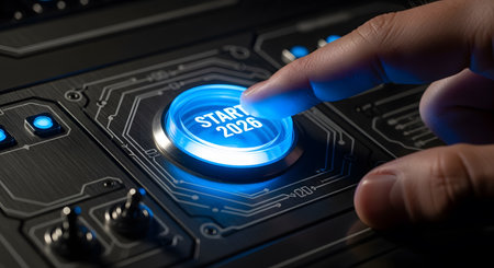 Finger pressing start button initiating 2026 launch. Futuristic dashboard control panel activating future business plan.の素材