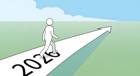 Person walking towards 2026 goal. Future direction path with arrow. Simple cartoon illustration representing progress and journey.の素材