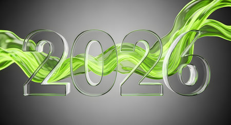 Vibrant green flowing liquid shapes surrounding transparent glass number 2026. Abstract visualization future forecast annual concept presentation.の素材