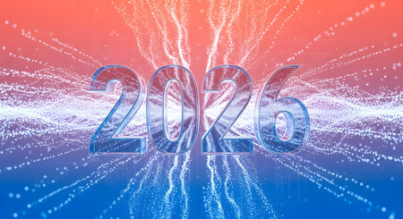 Futuristic 2026 background design. Abstract digital data explosion light particles representing innovation and high technology concept.の素材