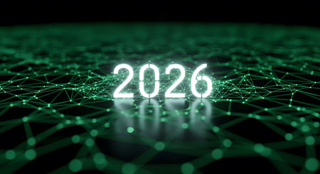 Visualizing 2026 digital future. Technology network connection plexus background. New year business plan and innovation concept.の素材