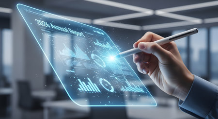 Futuristic annual report display 2026 transparent digital screen technology glowing charts analysis review performance development planning goals.の素材