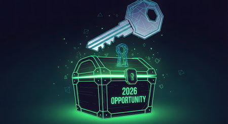 Unlocking future opportunity 2026 goal achievement metaphor Key to business success Treasure chest glowing outline New challenge concept illustration.の素材