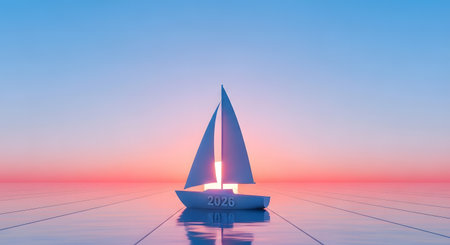 Boat sailing toward 2026 horizon. New beginning journey direction exploration concept tranquil future progress metaphor.の素材