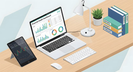 Office workplace analysis dashboard showing financial data performance charts reports budgets forecasts business planning success goals 2026.の素材