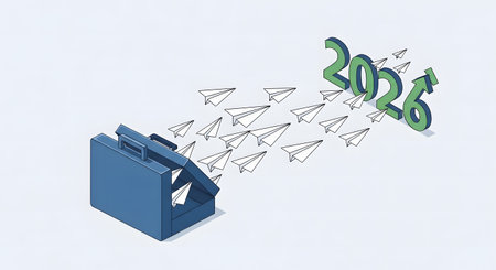 Concept illustration showing business ideas launching forward. Paper airplanes flying out of briefcase representing new strategies for growth in 2026.の素材
