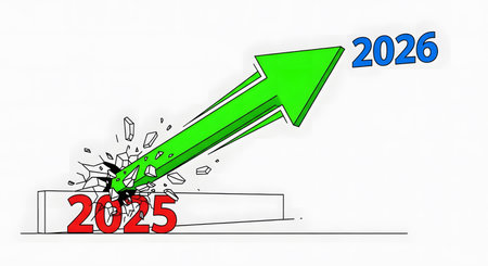 Forward momentum progress concept. Green success arrow breaks through obstacle 2025 moving toward positive year 2026 goal.の素材