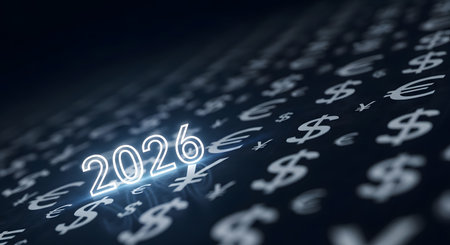Global finance focus for 2026. Investment planning and future profitability concept. Glowing year on dark background with currency symbols.の素材