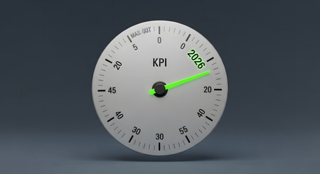KPI gauge shows strong performance indicator. Business measurement success reaching objectives for new year 2026. Max out goals.の素材