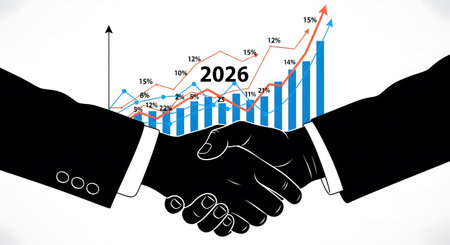 Partnership handshake symbolizes successful business deal future planning. Financial growth chart shows annual profits percentage increase 2026.の素材