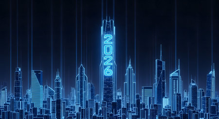 High tech cityscape showing year 2026 on skyscraper. Future urban development visualization. Business center and modern technology hub.の素材