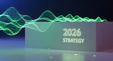 Abstract digital data waveform flowing over block displaying 2026 strategy representing planning technological analysis future foresight business developmentの素材