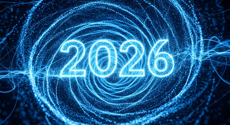 Bright neon blue 2026 number emerges from dynamic particle vortex. Energetic future and technological transformation visual.の素材