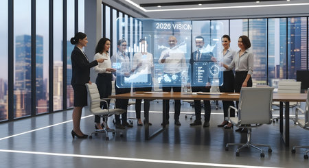Corporate business team analyzes 2026 vision strategy holographic display showing financial data progress charts during office meetingの素材