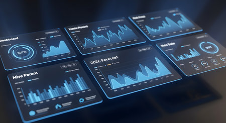 Digital dashboard screens displaying financial data charts graphs performance indicators business analysis review and 2026 forecast technology.の素材
