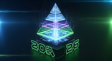 Digital data analysis pyramid structure symbolizing technological future of 2026. Innovation and digital transformation concept.の素材