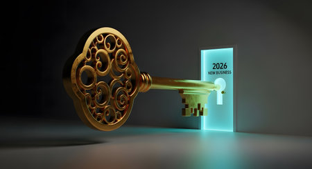 Key to new business success 2026 concept. Golden key unlocking future opportunities growth dark environment solution idea.の素材