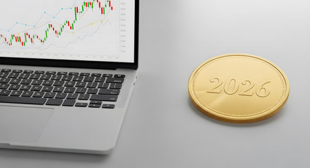 Golden 2026 coin near laptop displaying financial stock market trading charts. Digital currency investment and wealth creation concept.の素材