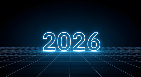 Digital neon sign displaying 2026. Future technology visualization. New Year celebration background design. Virtual presentation space.の素材