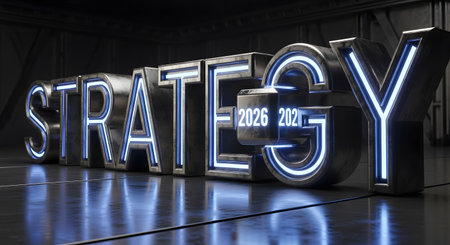 Bold 3D Strategy word displayed in dark industrial room. Illuminated neon sign highlights annual planning goals and future timeline.の素材