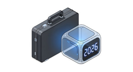 Business travel corporate planning represented by briefcase and glowing digital 2026 clock. New year deadline financial strategy concept.の素材