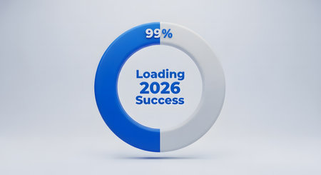 Circular loading bar progress meter 99 percent completion indicating success approaching goal achievement preparation for upcoming year 2026の素材