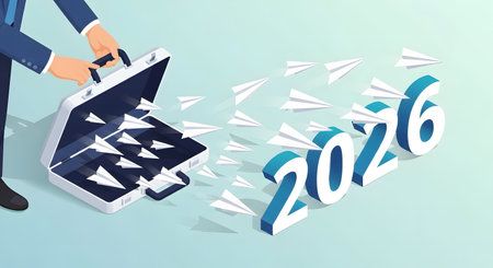 New business strategy launch for 2026. Entrepreneur vision releasing ideas from briefcase. Startup project planning concept isometric.の素材