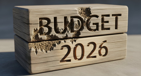 Financial year budgeting challenge conceptual image. 2026 wooden blocks showing strain expense pressure cost management.の素材