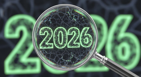 Examining future under magnifying glass Detailed focus on 2026 goals Concept of technology analysis Research and development visionの素材