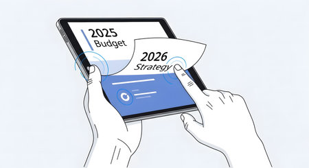 Transitioning from budget review to future strategy. Planning next step on tablet device screen. Hand flipping digital year page.の素材
