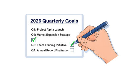Business planning quarterly goals checklist illustration. Strategy development objectives. Project team training implementation success.の素材