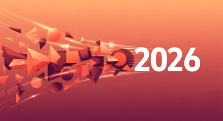 Abstract dynamic geometry shapes exploding around 2026 numbers. Futuristic background design representing innovation, change, and development.の素材