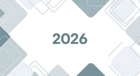 Year 2026 displayed prominently on abstract graphic background. Represents corporate vision goal setting and future business planning.の素材