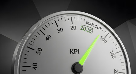 Business indicator showing performance goal for 2026. Key Performance Indicator reaching maximum. Success strategy achievement outlook.の素材