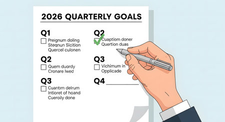 Hand checking off quarterly goals list 2026 document representing business planning execution objective setting corporate management checklist successの素材