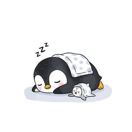 Sweet parent baby penguins sleeping together. Adorable Antarctic birds resting under blanket. Cozy family nap time illustration.のイラスト素材