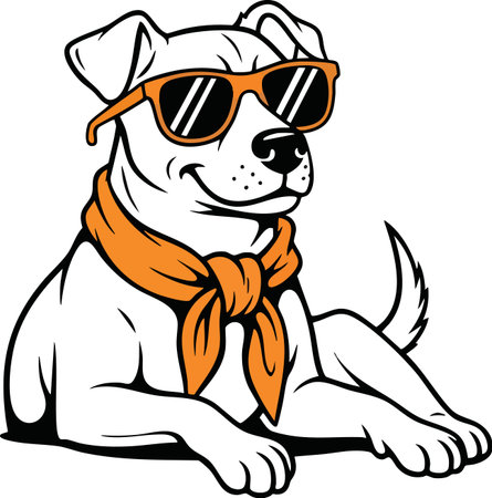 Stylish white puppy wears fashionable orange accessories. Dog rests comfortably sunglasses around neck scarf vector illustration.のイラスト素材