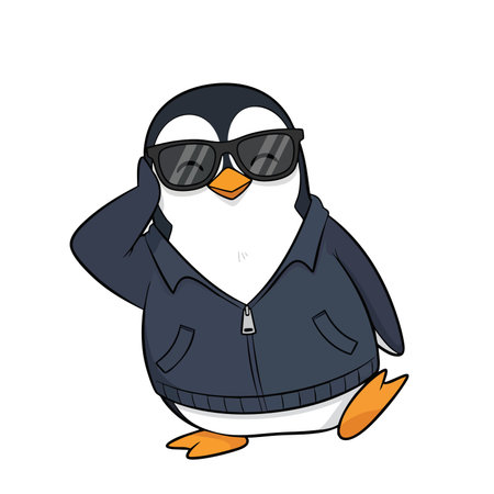 Cool animal mascot character standing posing casually. Penguin wearing fashionable sunglasses and zipped outerwear isolated white.のイラスト素材