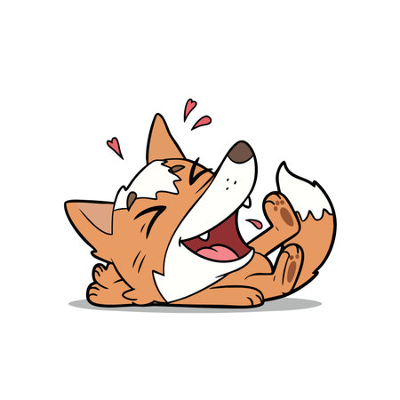 Funny orange fox character lying on back giggling with mouth open. Joyful animal illustration depicting humor and happiness.のイラスト素材