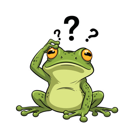 Green amphibian mascot sitting perplexed. Doubtful reptile illustration. Funny animal thinking question marks vector.のイラスト素材
