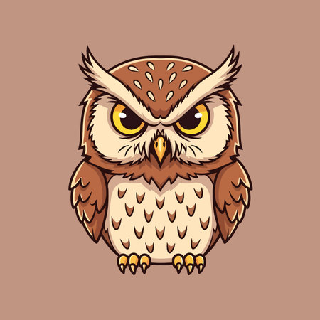 Imposing brown owl mascot cartoon illustration focused bird of prey staring intently with big yellow eyes vector animal portrait designのイラスト素材