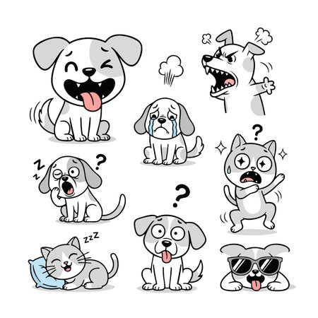 Collection adorable pet mascots showing range feelings sleeping crying angry happy confused cool. Sticker emoji set graphic design.のイラスト素材