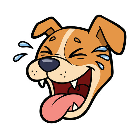 Funny cartoon dog face laughing hard illustration. Canine head with wide open mouth, tongue out, and joyful tears artwork. Humorous pet expression.のイラスト素材